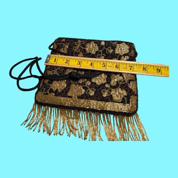 Beaded Evening Black Bag Gold Flowers & Fringe Rhinestones By Accessories Lady - Picture 7 of 8